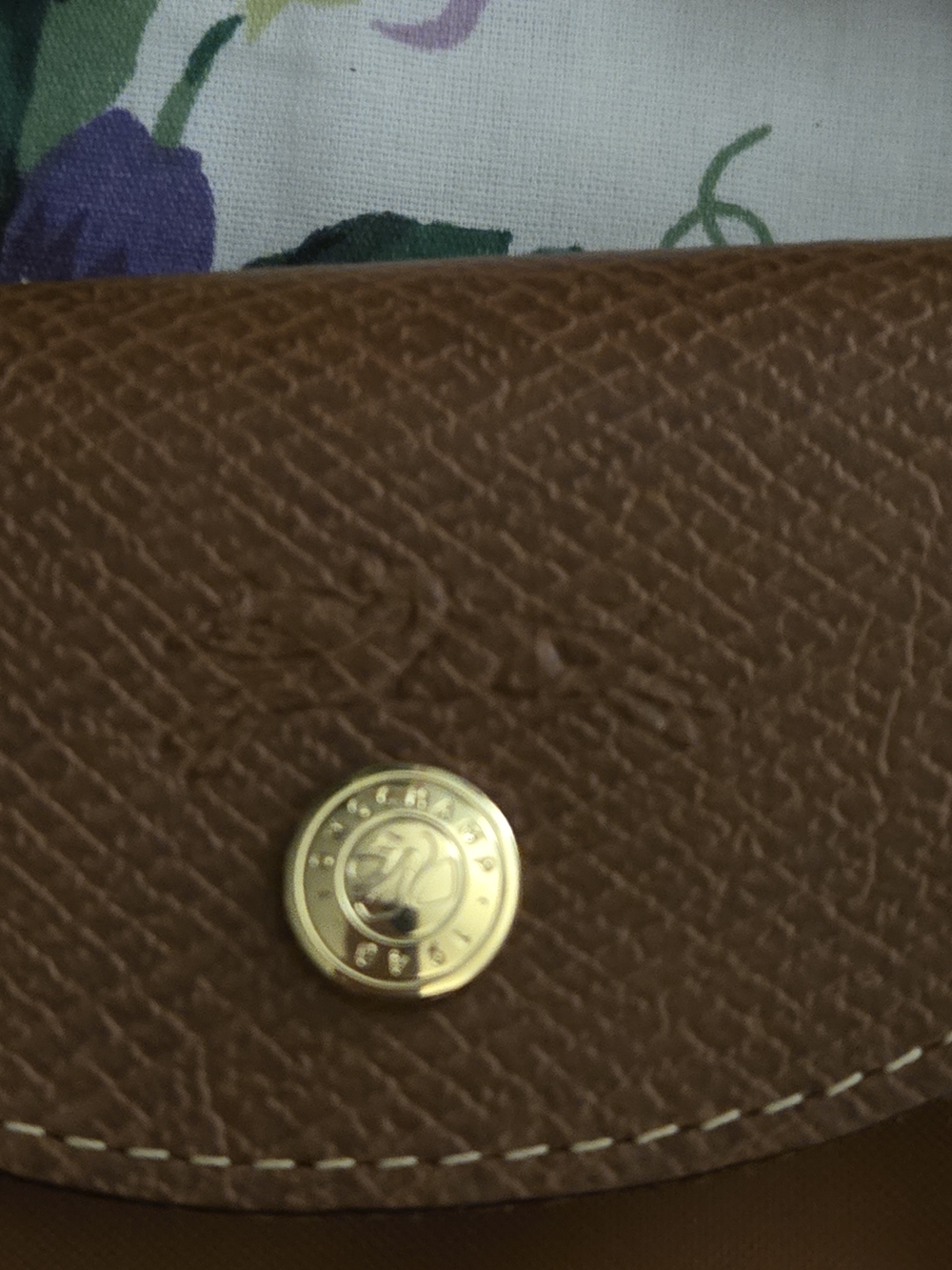 Longchamp Cognac Textured Leather Canvas Pouch with Gold Accents. Authentic.